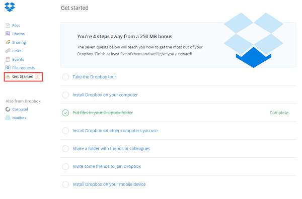 Finsh Get Started Tour to Earn More Space on Dropbox