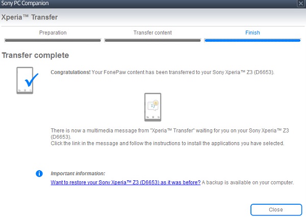 Transfer from iOS Backup to Sony Complete
