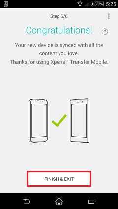 Finish and Exit Xperia Transfer Mobile