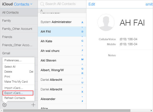 Export Contacts from iCloud as a vCard File 